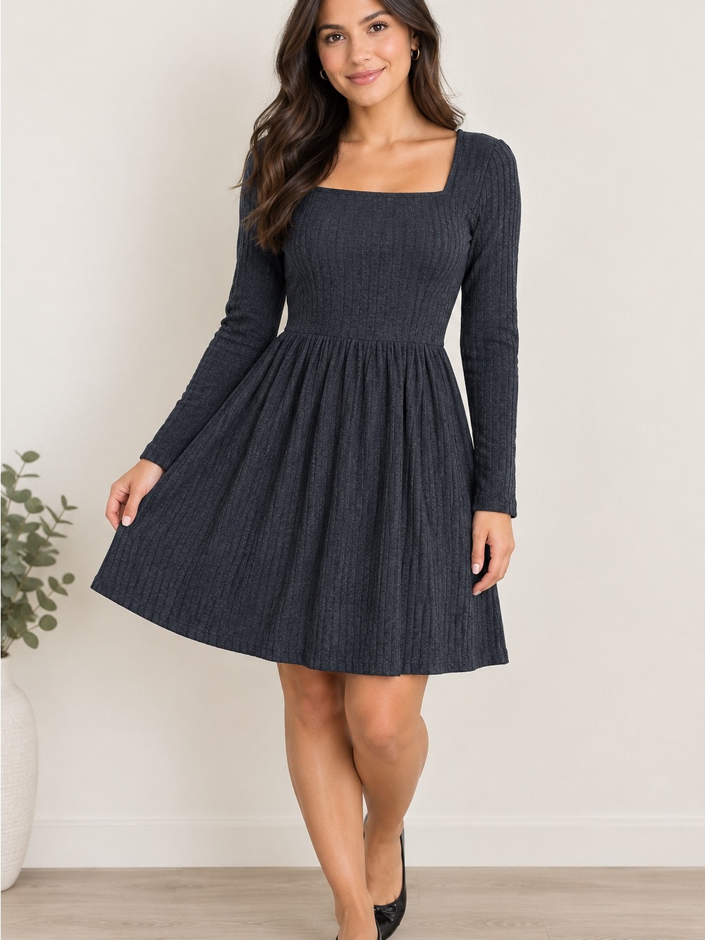 zeagoo Charcoal Square Neck Long Sleeve Ribbed Dress